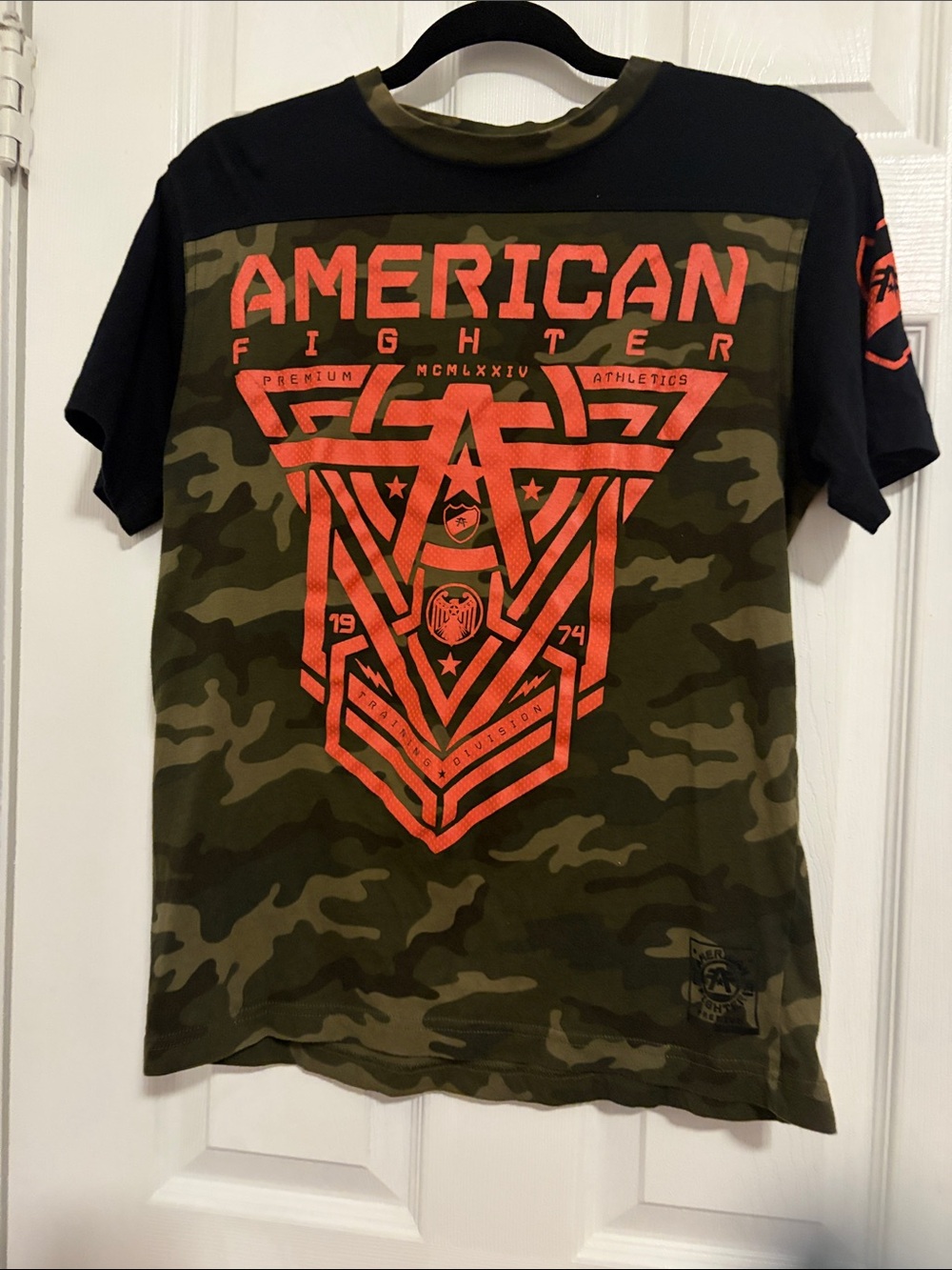 American Fighter Olive Camo Tee with Bright Orange Graphic